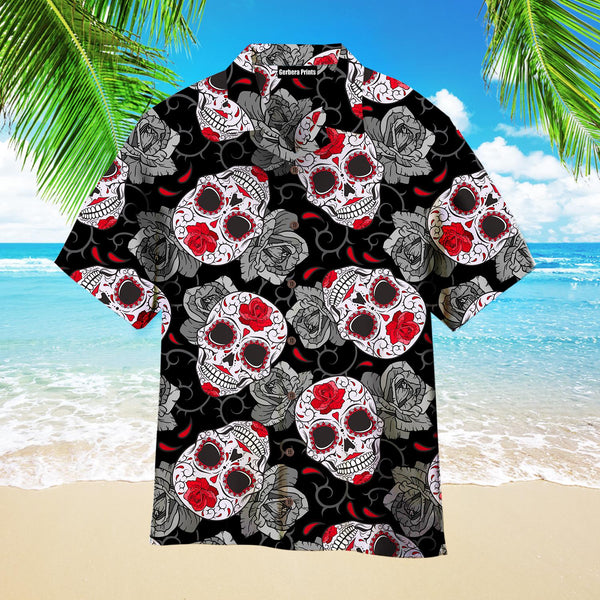 Gothic Sugar Skull Roses Halloween Pattern Aloha Hawaiian Shirts For Men & For Women | WT7424