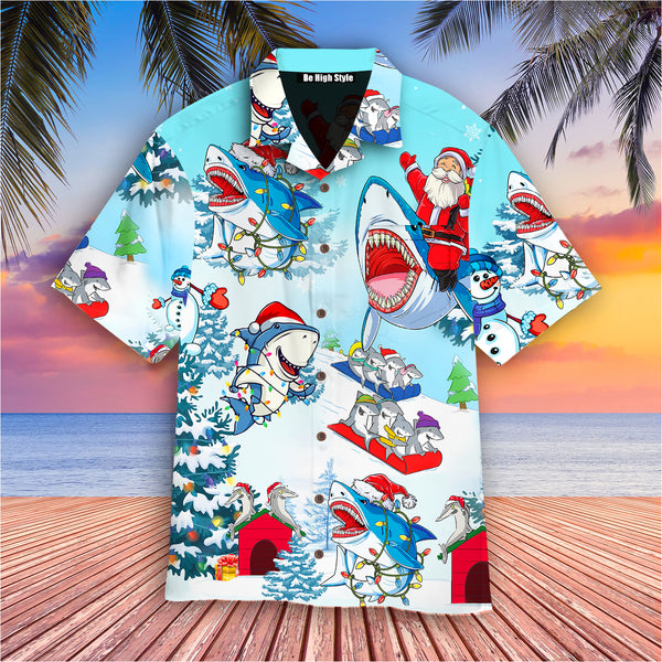 Funny Shark And Santa Claus Merry Christmas Aloha Hawaiian Shirt With Pocket| SP1089