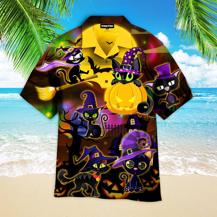 Halloween Black Cat Witch Purple Light And Moon At Night Hawaiian Shirt | For Men & Women | HW2648-BehighStyle