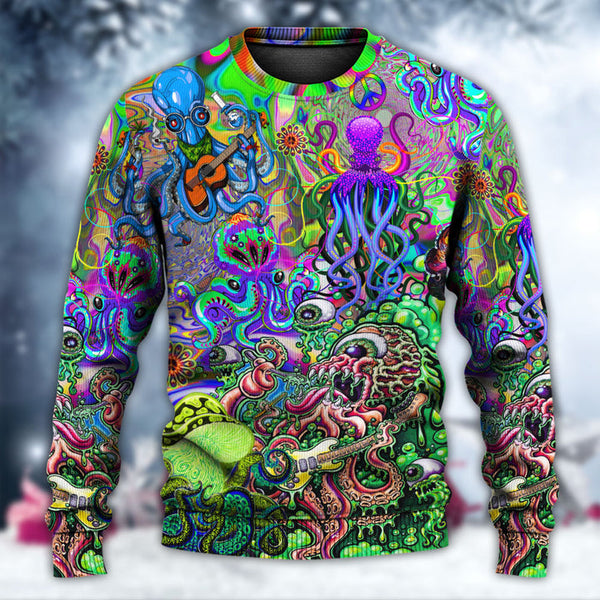 Hippie Funny Octopus Love Music Colorful Ocean Ugly Christmas Sweater | Adult | US2343