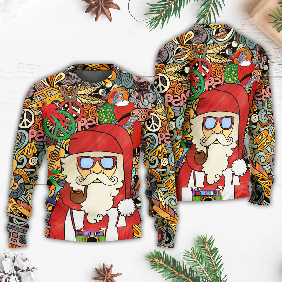 Hippie Santa Claus Love & Peace Cartoon Style Ugly Christmas Sweater ...