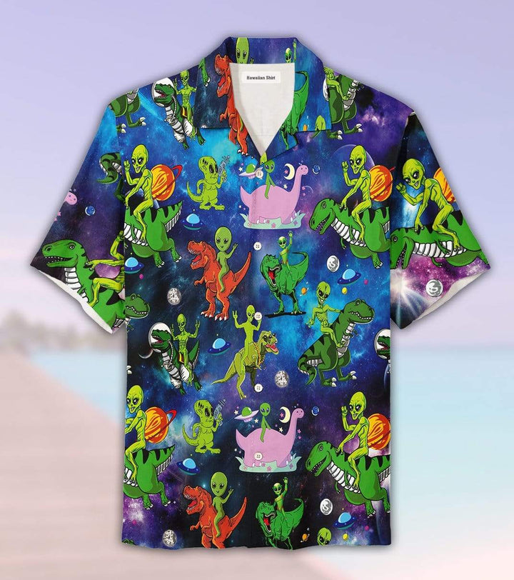 Hippie Trippy Alien Riding Dinosaur Tie Dye Hawaiian Shirt | For Men & Women | HW1509-BehighStyle