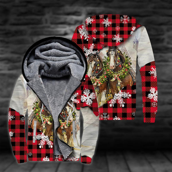 Horse Christmas Red Plaid Fleece Zip Hoodie All Over Print | FZ250