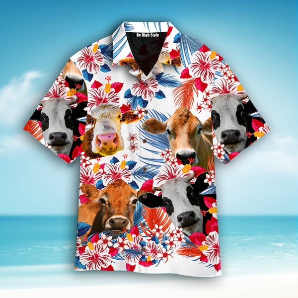 Jersey Cattle With American Flag Tropical Plant Pattern Hawaiian Shirt | For Men & Women | HW1446-BehighStyle