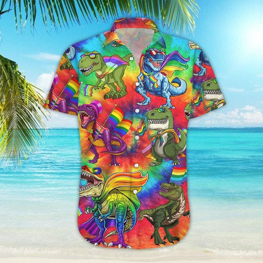 LGBT Dinosaur Tye Dye Button Down Hawaiian Shirt | For Men & Women | HW1495-BehighStyle