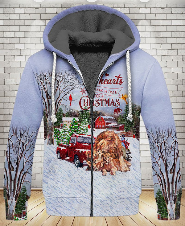 Lion All Hearts Come Home For Christmas Fleece Zip Hoodie All Over Print | FZ217