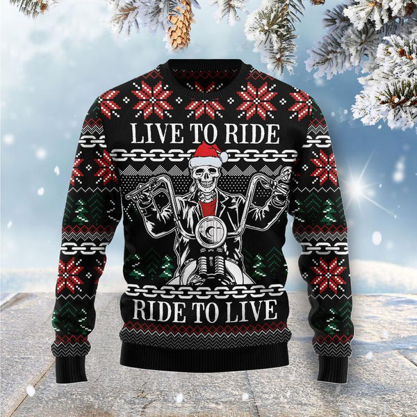 Live To Ride Motorbike Skeleton Ugly Christmas Sweater | For Men & Women | Adult | US1127-BehighStyle