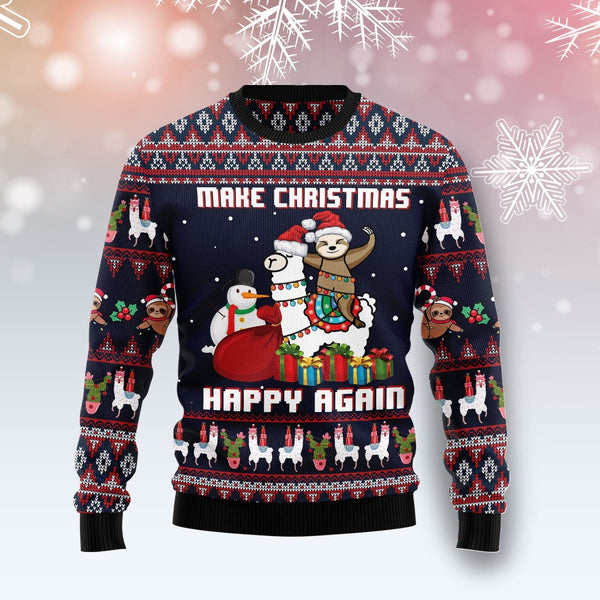 Llama Sloth Make Christmas Happy Again Ugly Christmas Sweater | Adult | US1754