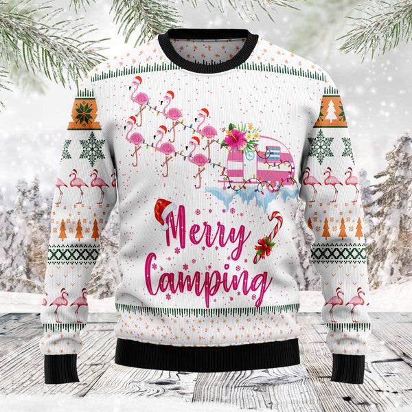 Merry Christmas Camping Flamingo Ugly Christmas Sweater | Adult | US1740