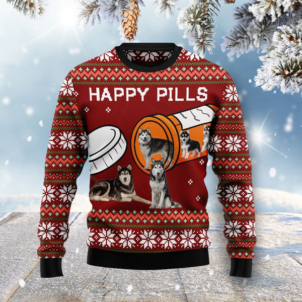 Merry Christmas Siberian Husky Dog Happy Pills Ugly Christmas Sweater | Adult | US1734