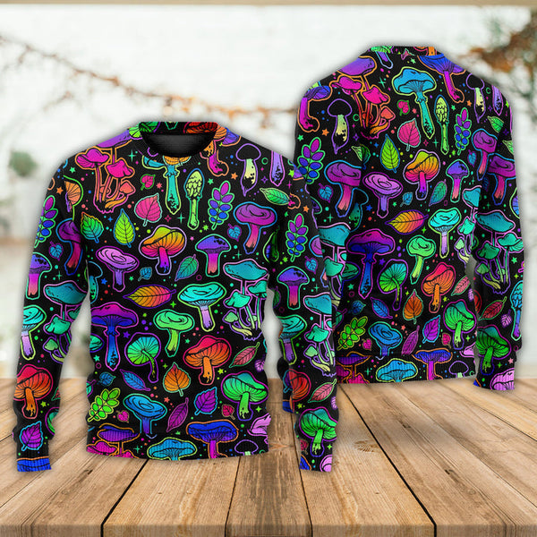 Mushroom Neon Colorful Bright With Leaf Ugly Christmas Sweater | Adult | US2422
