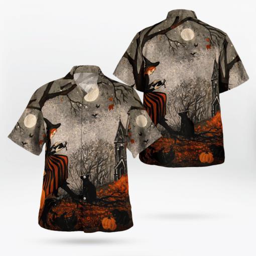 Night Black Cats And Little Witch Pumpkin Halloween Hawaiian Shirt | HW2897