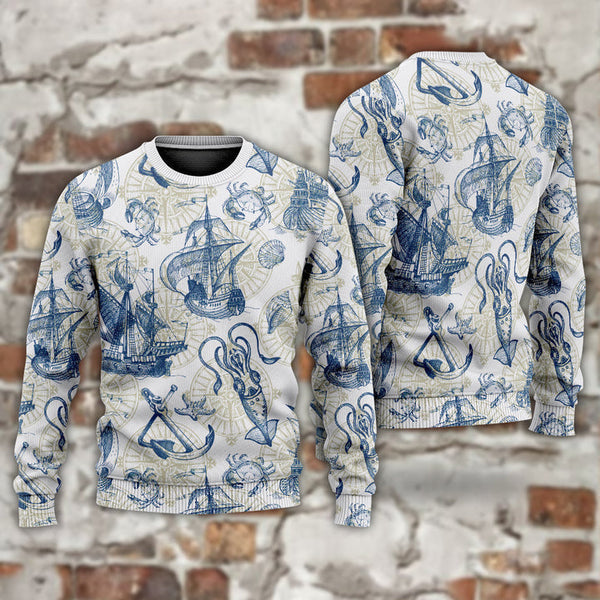 Ocean Life Vintage Sailboat Sea Monster Geographical Maps Ugly Christmas Sweater | Adult | US2428