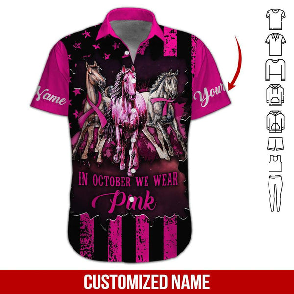 October Horse Cancer Breast Awareness Pink Custom Name Hawaiian Shirt | HN736