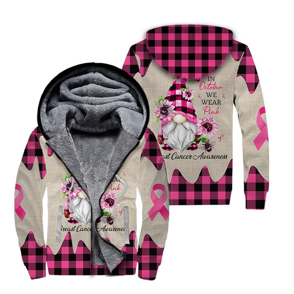 October I Wear Pink Gnome Breast Cancer Awareness Fleece Zip Hoodie All Over Print | FZ465