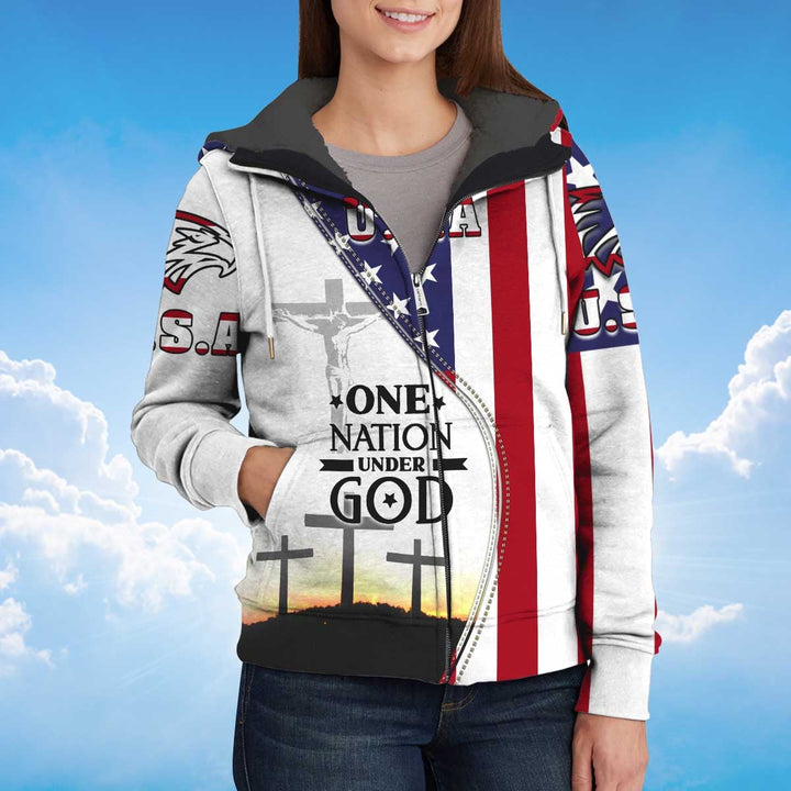 One Nation Under God Patriotic American Flag Fleece Zip Hoodie All Over Print | For Men & Women | FZ154-BehighStyle