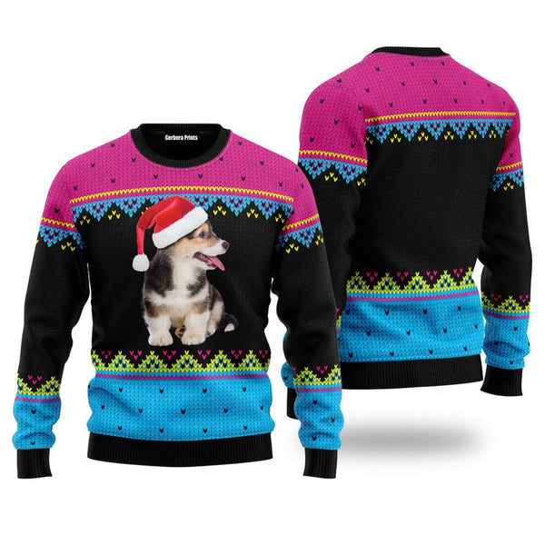 Pembroke Welsh Corgi Dog Puppy On Red Christmas Hat Pattern Ugly Christmas Sweater | Adult | US2006
