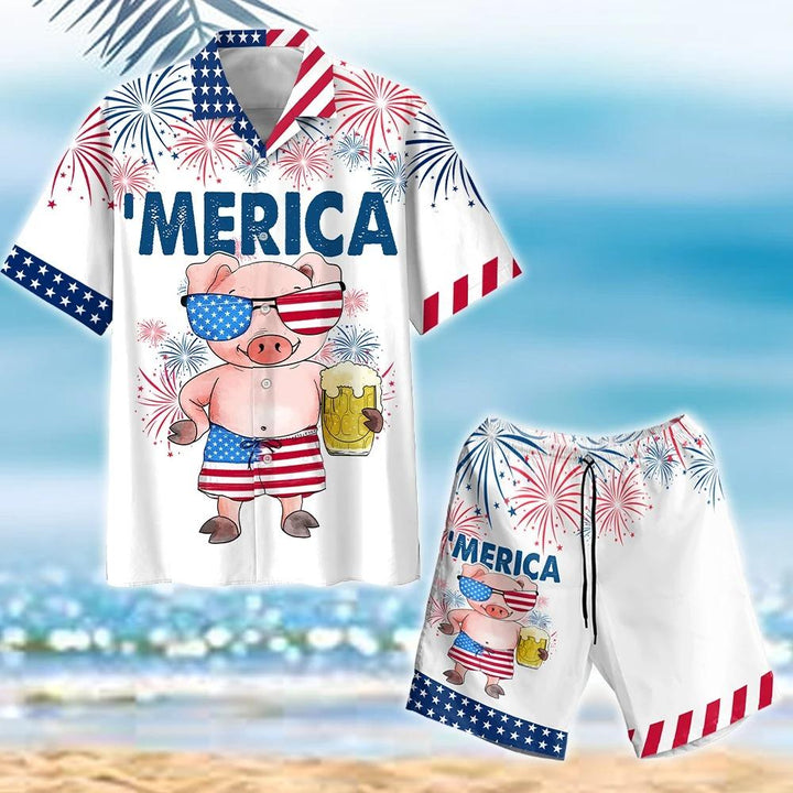 Pig America Flag 4Th Of July – Independence Day Hawaiian Shirt Set | For Men & Women | HS160-BehighStyle