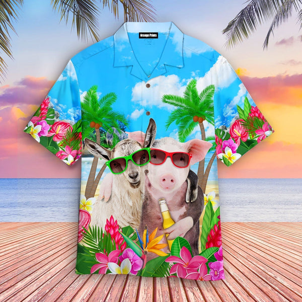 Pig And Goat In Sunglasses While Drinking Beer Aloha Hawaiian Shirt | For Men & Women | HW819-BehighStyle