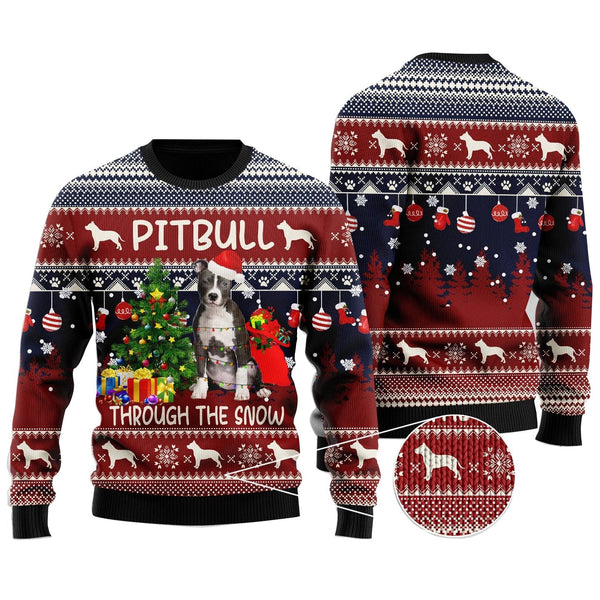 Pitbull Through The Snow Funny Ugly Christmas Sweater | Adult | US2240