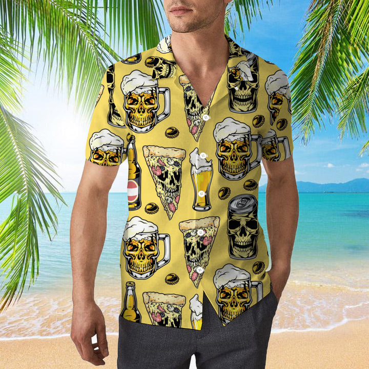 Pizza And Alcoholic Drinks In Glasses Beer Yellow Hawaiian Shirt | For Men & Women | HW894-BehighStyle