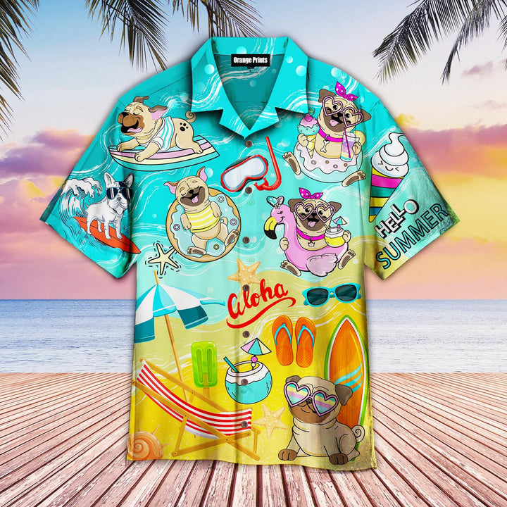 Pug Dogs Beach Hello Summer Aloha Hawaiian Shirt | For Men & Women | HW592-BehighStyle