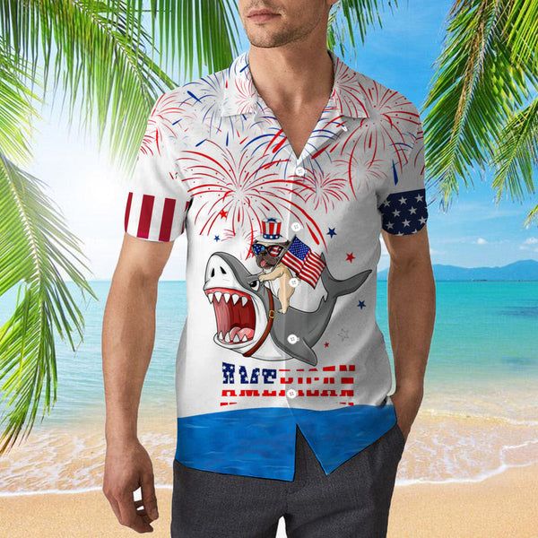 Puppy Riding Shark With American Flag Firework Hawaiian Shirt | For Men & Women | HW951-BehighStyle