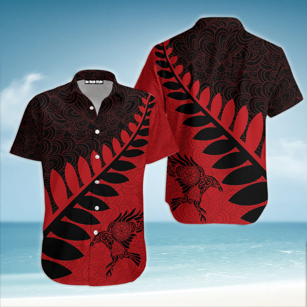 Raven Viking Leaf Red Black Pattern Hawaiian Shirt | HW2065