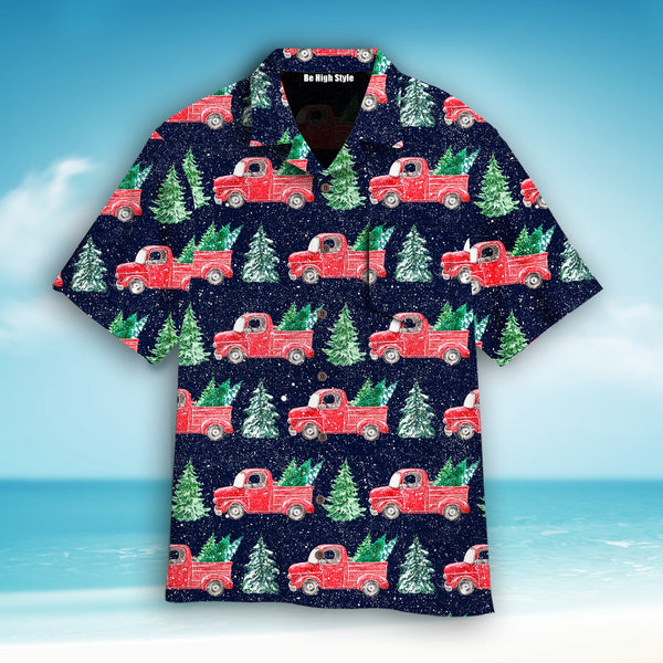 Red Christmas Truck Holding Trees Hawaiian Shirt With Pocket| SP1069