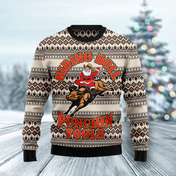 Riding Bulls Punchin Fools Ugly Christmas Sweater | Adult | US1779