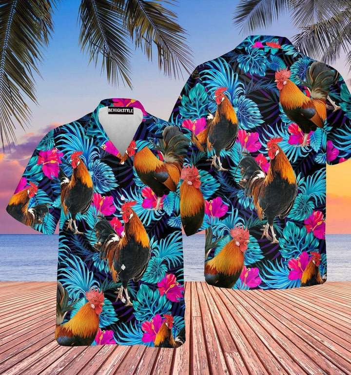 Rooster Blue Neon Tropical Hawaiian Shirt | For Men & Women | HW140-BehighStyle