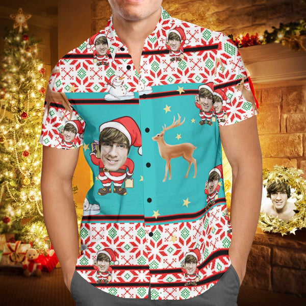 Santa Claus And Reindeer Christmas Custom Photo Hawaiian Shirt | P320
