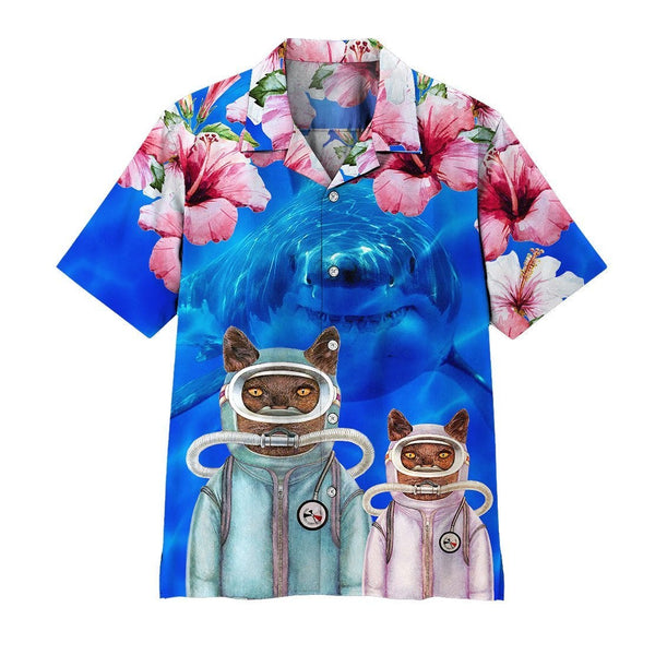 Scuba Diving Cats With Shark Behind Aloha Hawaiian Shirt | For Men & Women | HW447-BehighStyle