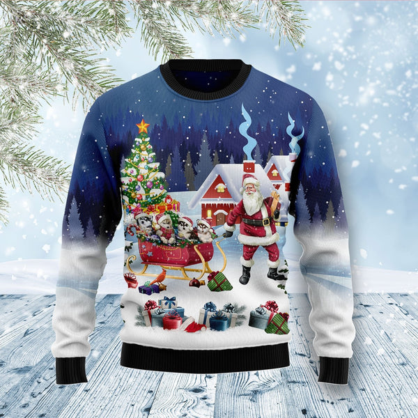 Siberian Husky Dog Santa Sled Ugly Christmas Sweater | Adult | US1820