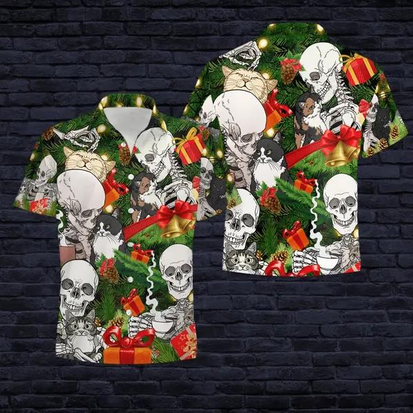 Skull And Cat Christmas Hawaiian Shirt | For Men & Women | HW2718-BehighStyle