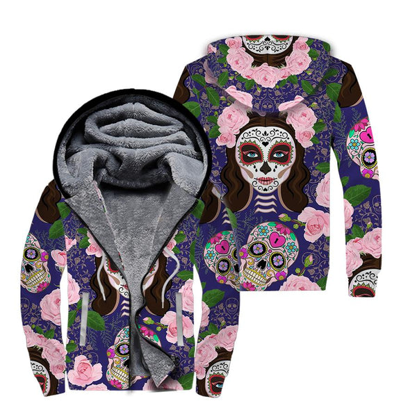 Sugar Skull Girl With Pink Roses Fleece Zip Hoodie All Over Print | FZ456