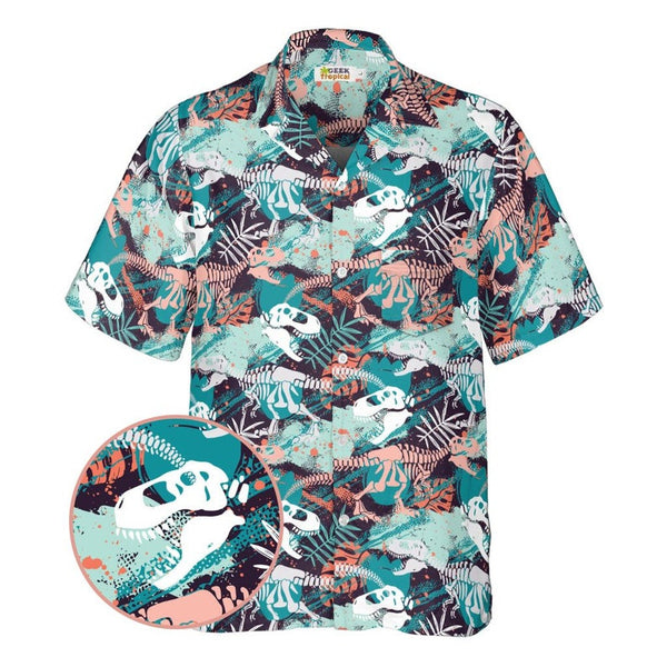 T-Rex Bones Footprints Green Dinosaur Hawaiian Shirt | HW3283