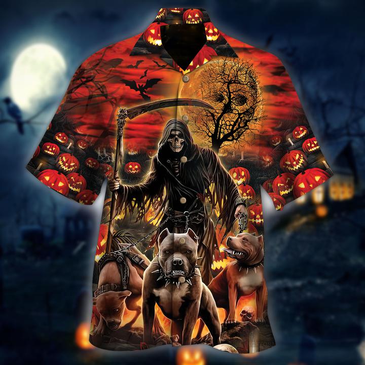 The Grim Reaper And Hound Halloween Hawaiian Shirt | For Men & Women | HW2797-BehighStyle