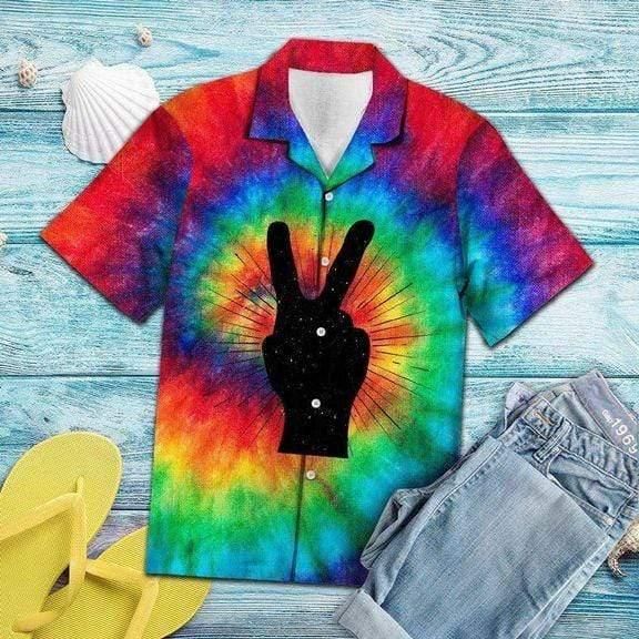 Tie Dye Peace Symbol V Sign Hippie Aloha Hawaiian Shirt | For Men & Women | HW1492-BehighStyle