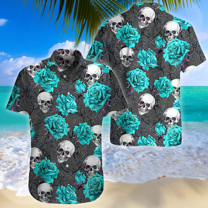 Turquoise Rose Skull Hawaiian Shirt | For Men & Women | HW1421-BehighStyle