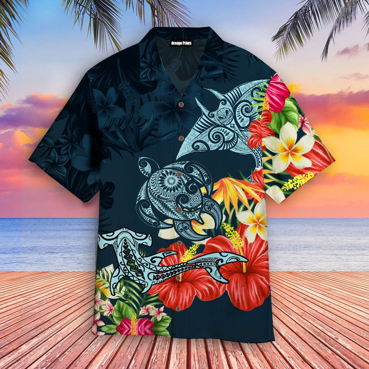 Turtle Shark Manta Ray Hibiscus Plumeria Aloha Hawaiian Shirt | For Men & Women | HW470-BehighStyle