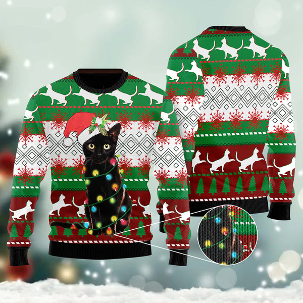 Black Cat Light Christmas Ugly Christmas Sweater | Adult | US1834