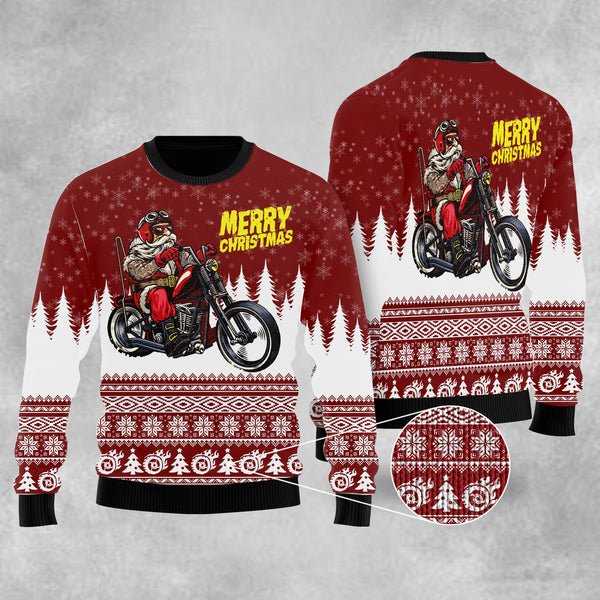 Santa Riding Motorbike To Holiday Ugly Christmas Sweater | For Men & Women | US2657