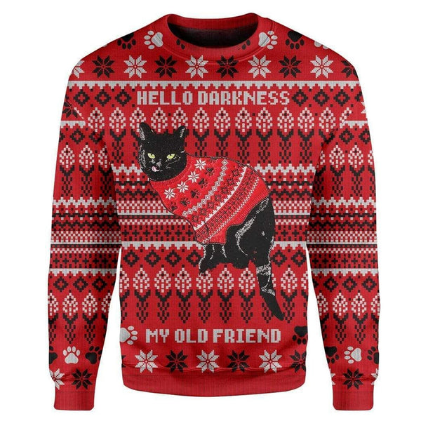 Hello Darkness My Old Friend Black Cat Red Ugly Christmas Sweater | Adult | US2297