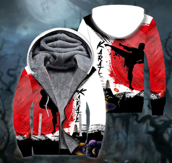 White Red Karate Fleece Zip Hoodie All Over Print | FZ433