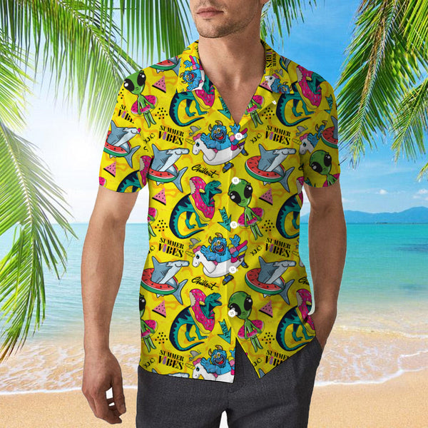 Yellow T-rex With Alien Summer Vibes Hawaiian Shirt | For Men & Women | HW935-BehighStyle