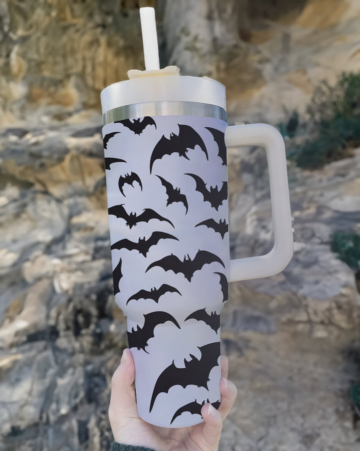 Vintage Halloween 40oz Tumbler with Handle and Straw, Bat 40oz Tumbler Maintains Cold Heat and Ice for Hours, Halloween Tumbler Gift