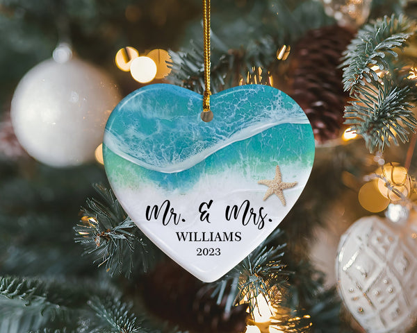 Heart Beach Ornament, Personalized Couple Name Ornament, Engagement Ornament, Couples Gift, Married Ornament, Couples Christmas Ornaments