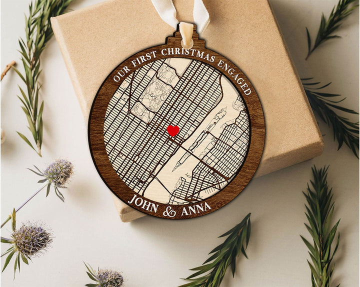 Custom Engaged Ornament, Couples Ornament, Our First Christmas Ornament, Engagement Ornament, Couple Map Ornament, Engagement Christmas Gift