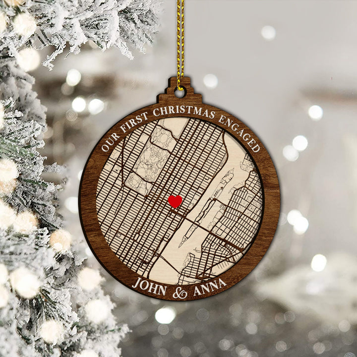 Custom Engaged Ornament, Couples Ornament, Our First Christmas Ornament, Engagement Ornament, Couple Map Ornament, Engagement Christmas Gift